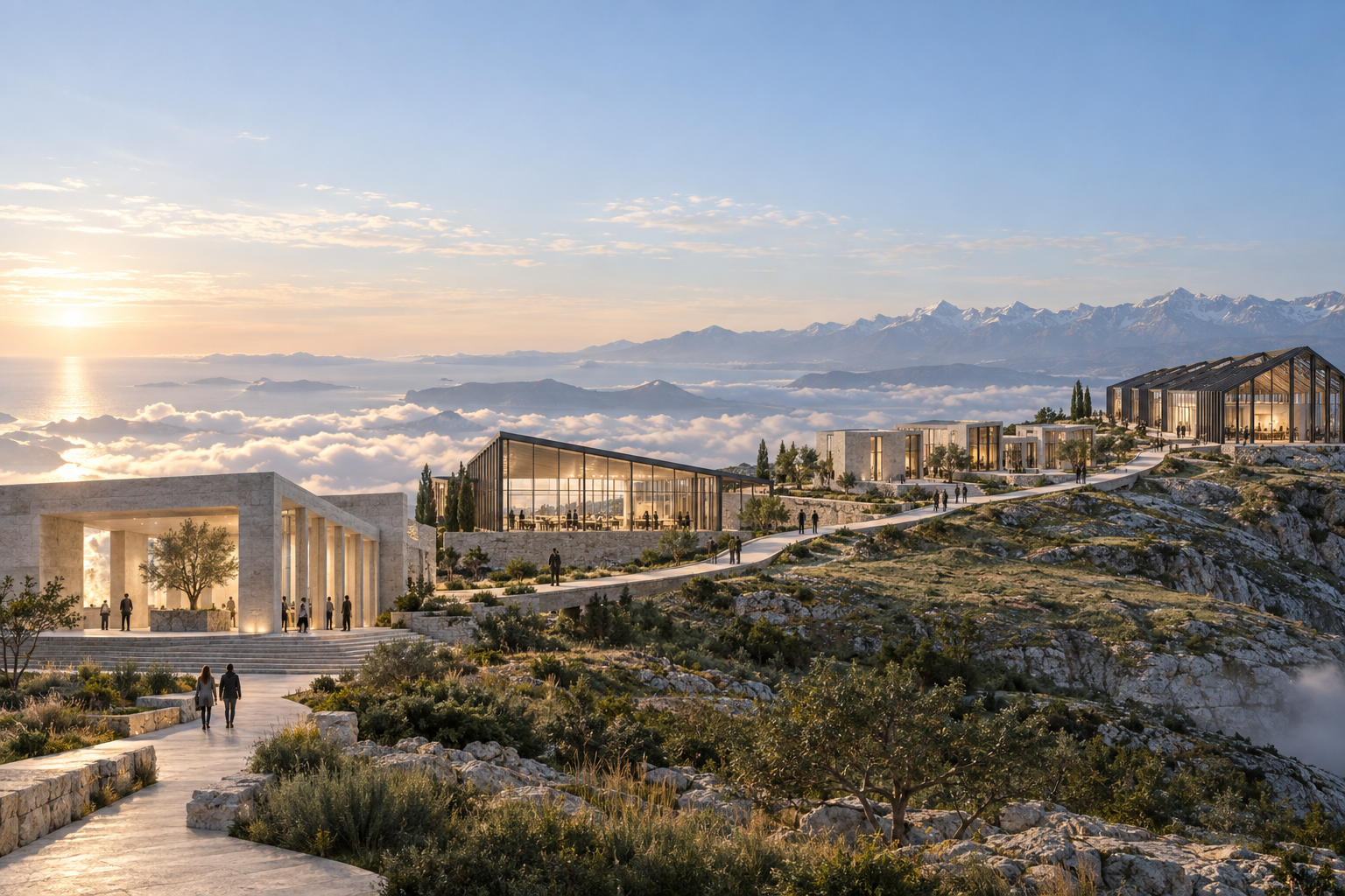 Open futuristic campus overlooking the landscape, a setting for a sovereign app studio.