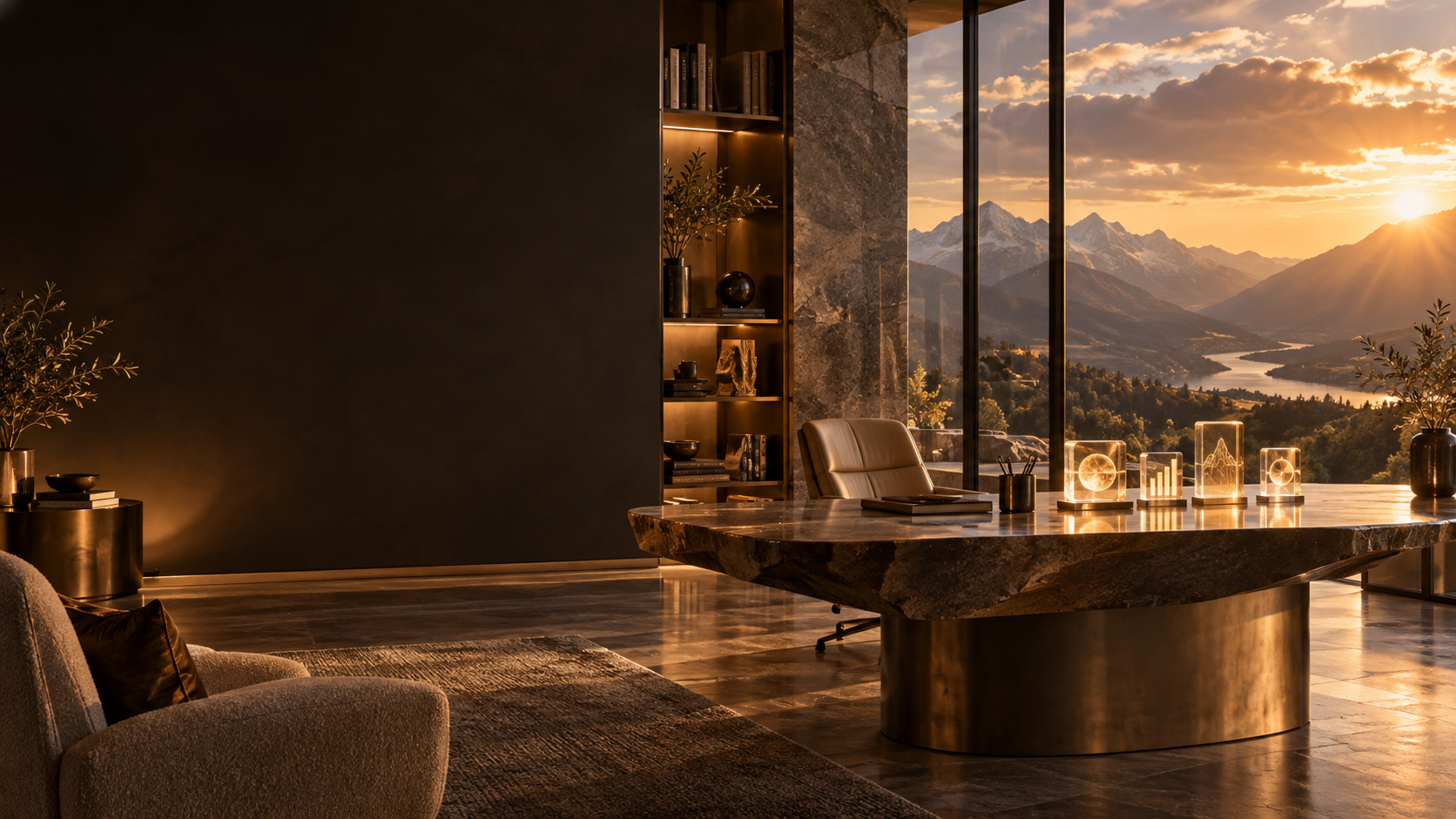 A private golden studio overlooking the mountains, with a suite of app sculptures on the desk.