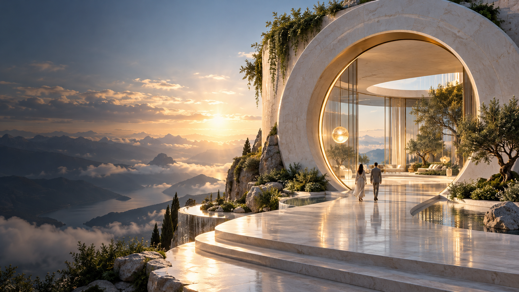 A circular ivory gateway opens into a sunlit intelligence atelier above a mountain-and-cloud horizon.