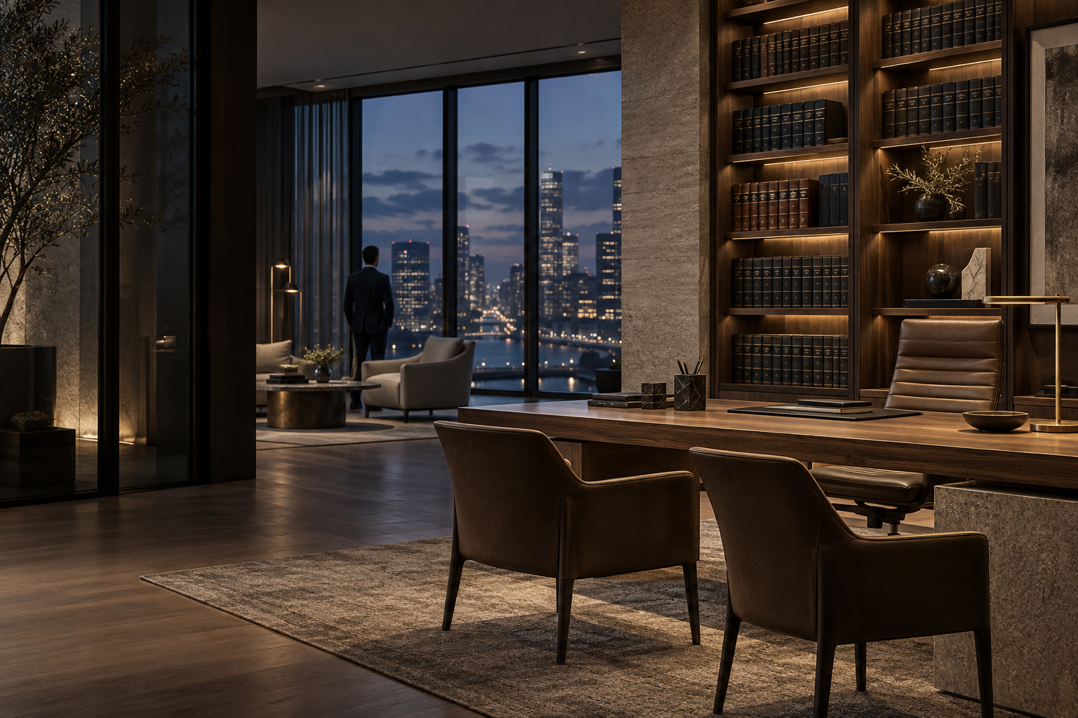 A professional workspace at dusk, ready for your next important conversation.