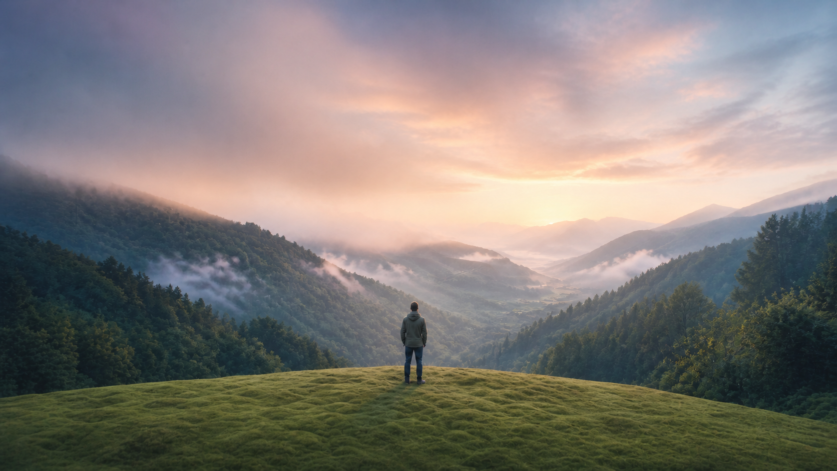 A person on an open ridge overlooking a luminous natural valley